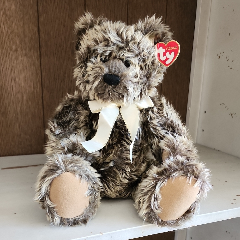 Ty Classic Furry Teddy Bear with Cream Bow